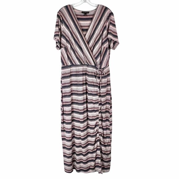 Lane Bryant Faux Wrap Maxi Dress Size 18/20 Striped Short-Sleeve Ruched VGUC - Picture 2 of 16